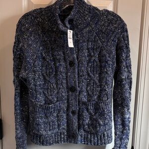 NWT Talbots Metallic Tweed Mockneck Cardigan Sweater Blue Gray Grey Silver XS